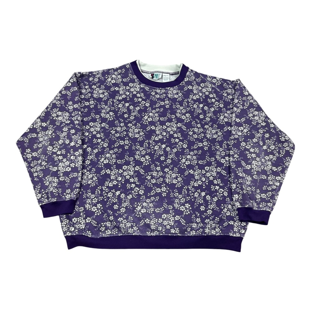 Vintage 90s Bold Spirit Floral All Over Print Purple Sweatshirt Women's Large